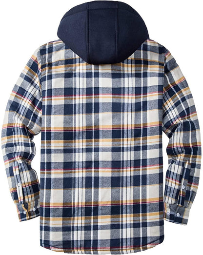 Stevvex men's plaid shirt jacket with removable navy hood, warm outdoor coat, long sleeves on Tampa Home & Garden Store