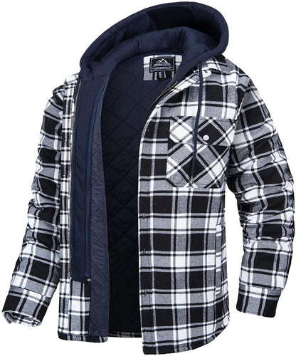 Men's plaid puffer jacket Stevvex with removable hood, navy quilted lining on Tampa Home & Garden Store