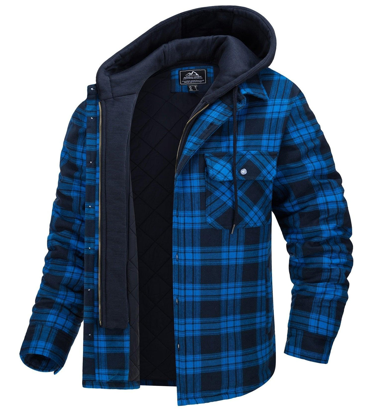 Men's Stevvex blue plaid hooded puffer jacket with removable hood and quilted lining on Tampa Home & Garden Store