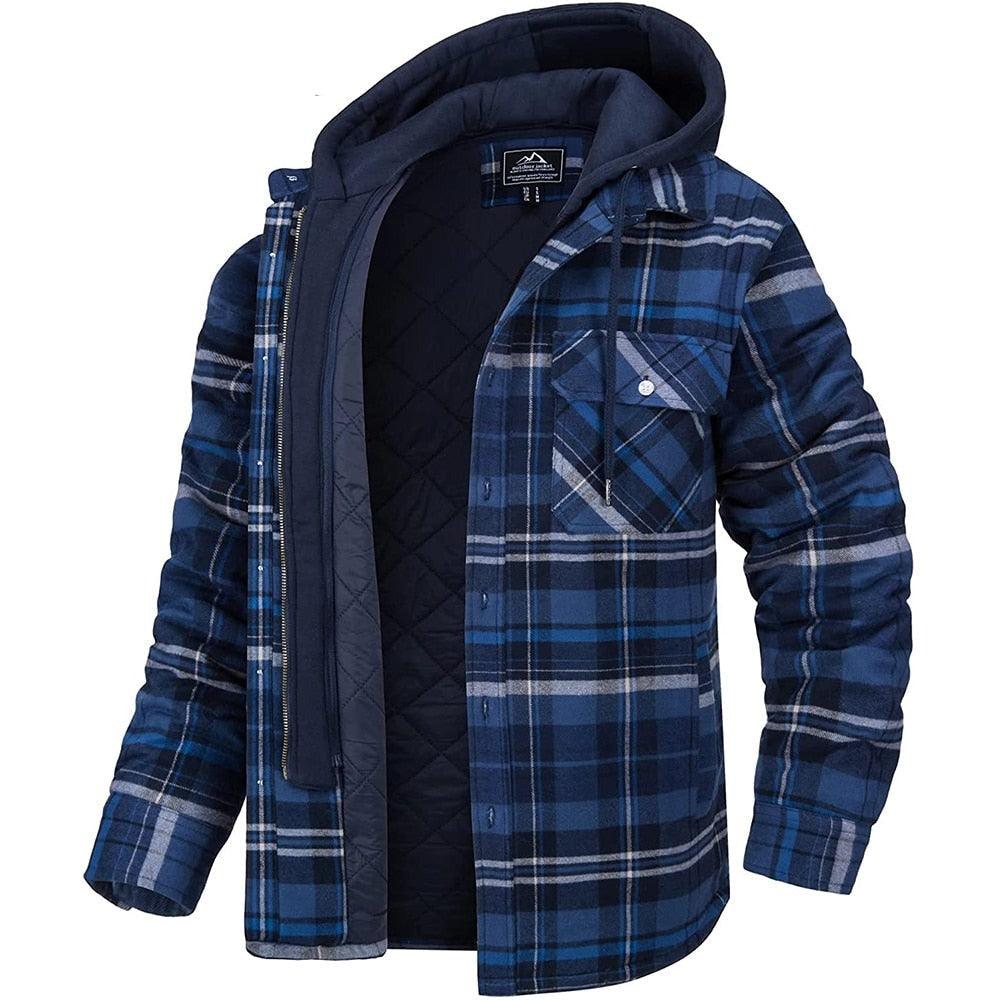 Men's plaid puffer jacket with removable hood in blue tones, Stevvex, quilted lining on Tampa Home & Garden Store