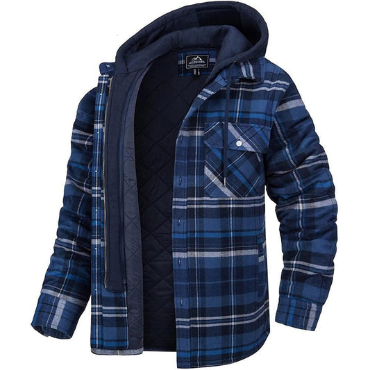 Men's plaid puffer jacket with removable hood in blue tones, Stevvex, quilted lining on Tampa Home & Garden Store