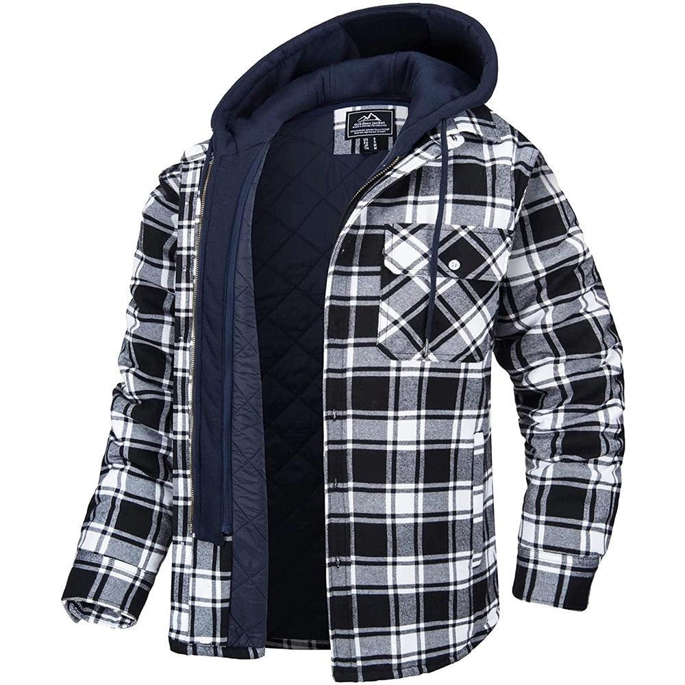 Stevvex men's plaid warm puffer jacket with removable hood black gray check on Tampa Home & Garden Store