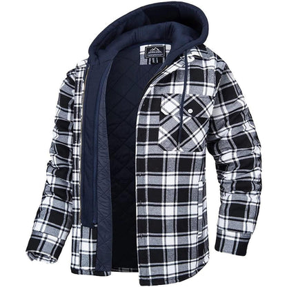 Stevvex men's plaid warm puffer jacket with removable hood black gray check on Tampa Home & Garden Store