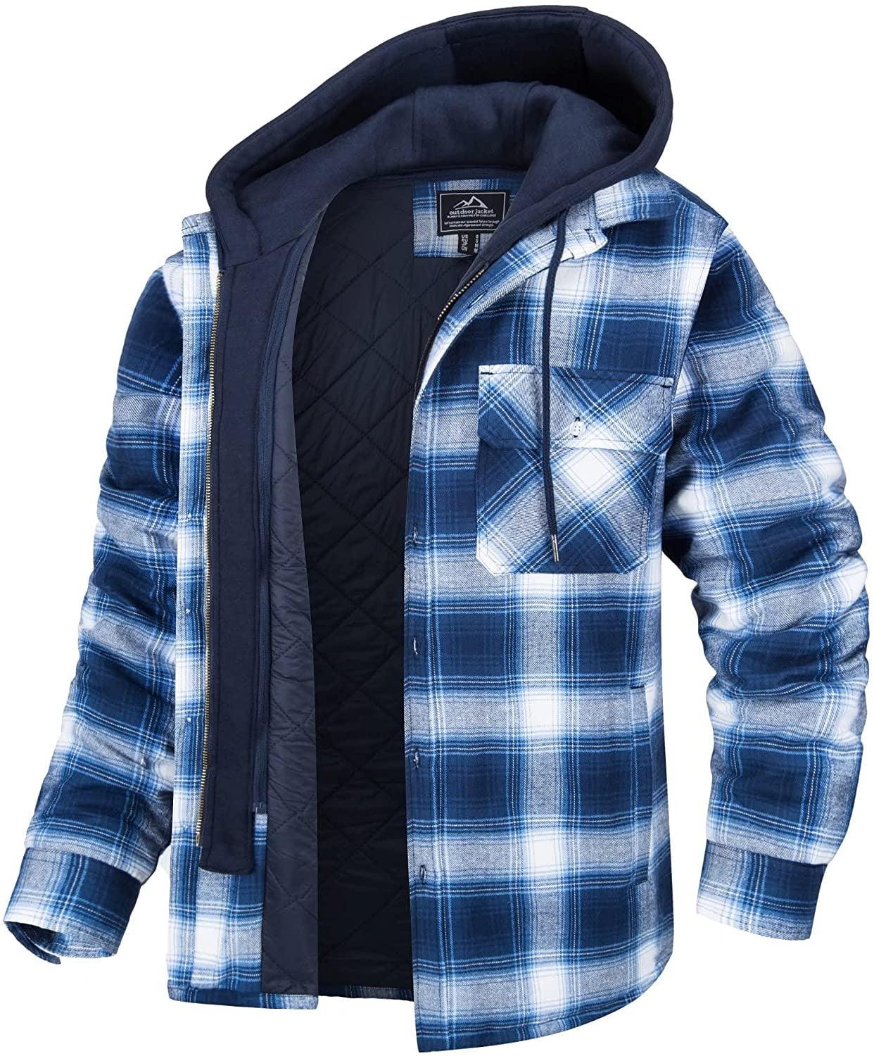 Stevvex men's blue plaid hooded puffer jacket with navy quilted lining and chest pocket on Tampa Home & Garden Store