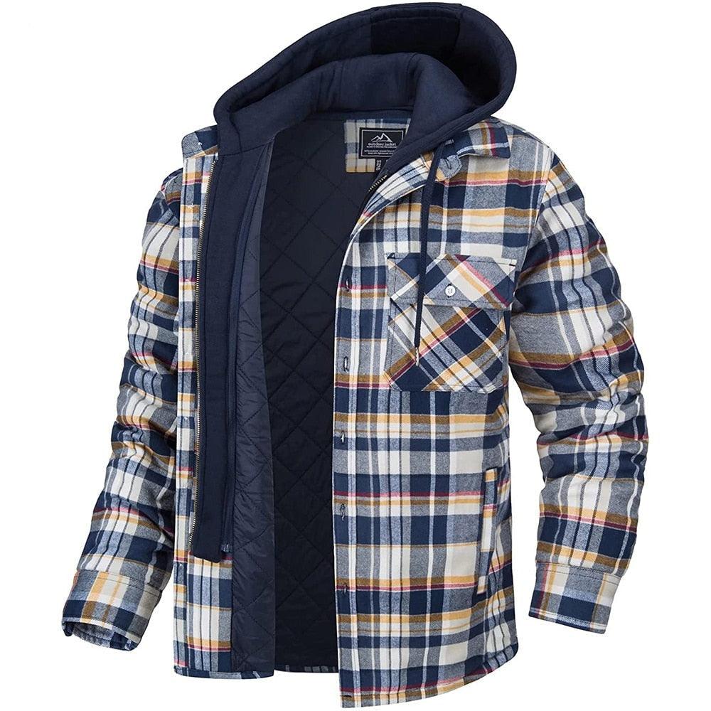 Men's plaid hooded puffer jacket with removable navy hood and quilted lining Stevvex on Tampa Home & Garden Store