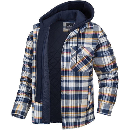 Men's plaid hooded puffer jacket with removable navy hood and quilted lining Stevvex on Tampa Home & Garden Store