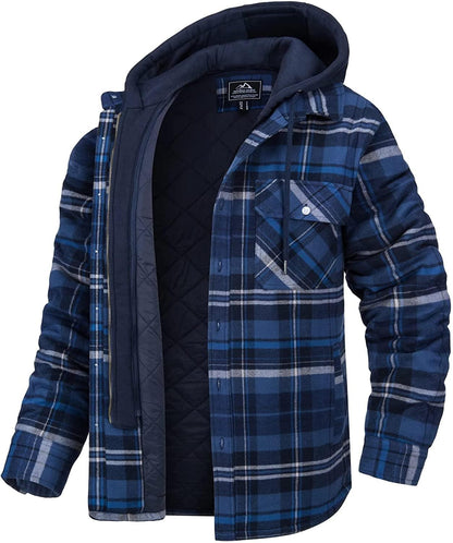Stevvex men's plaid hooded winter jacket with removable hood, blue check pattern on Tampa Home & Garden Store