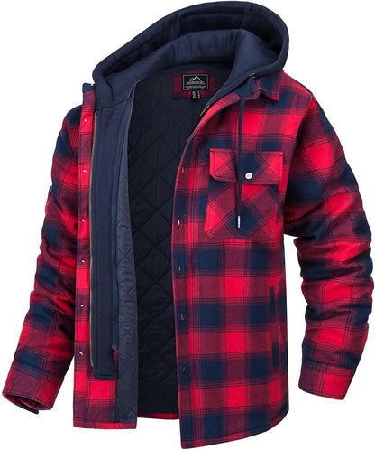 Men's red plaid hooded winter jacket with removable navy hood and quilted lining Stevvex on Tampa Home & Garden Store