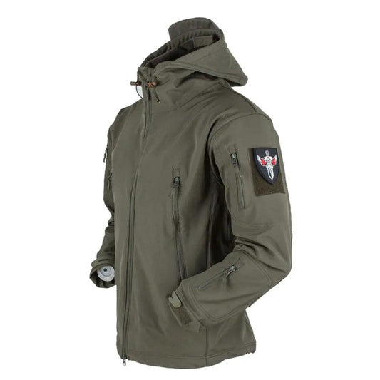 Men's olive green outdoor fleece jacket by Stevvex with hood and zip pockets on Tampa Home & Garden Store
