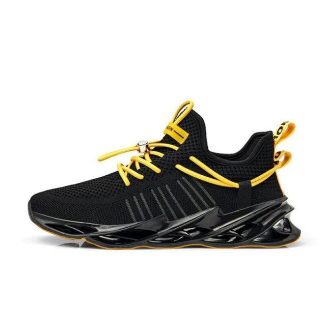 Men's running sneakers Stevvex black mesh with yellow laces, breathable athletic shoes on Tampa Home & Garden Store