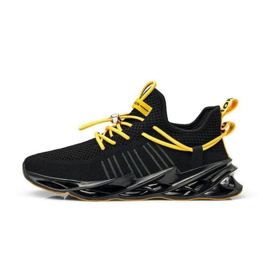 Men's running sneakers Stevvex black mesh with yellow laces, breathable athletic shoes on Tampa Home & Garden Store