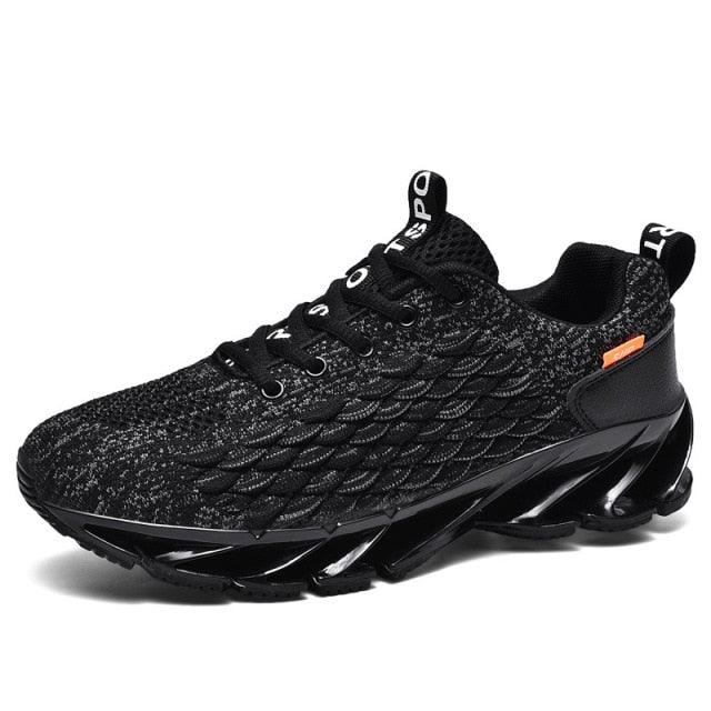 Stevvex men's running sneakers black knit upper non-slip lightweight orange heel accent on Tampa Home & Garden Store