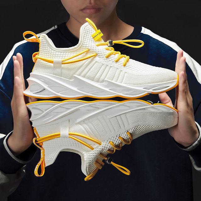 Stevvex men's running sneakers white with yellow accents, breathable non-slip athletic shoes on Tampa Home & Garden Store