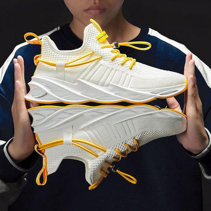 Stevvex men's running sneakers white with yellow accents, breathable non-slip athletic shoes on Tampa Home & Garden Store
