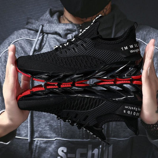 Men's running sneakers black knit upper, red outsole, non-slip athletic shoes pair on Tampa Home & Garden Store