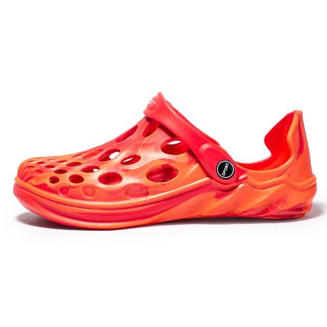 Men's orange-red perforated rubber sandals by Stevvex with adjustable strap on Tampa Home & Garden Store