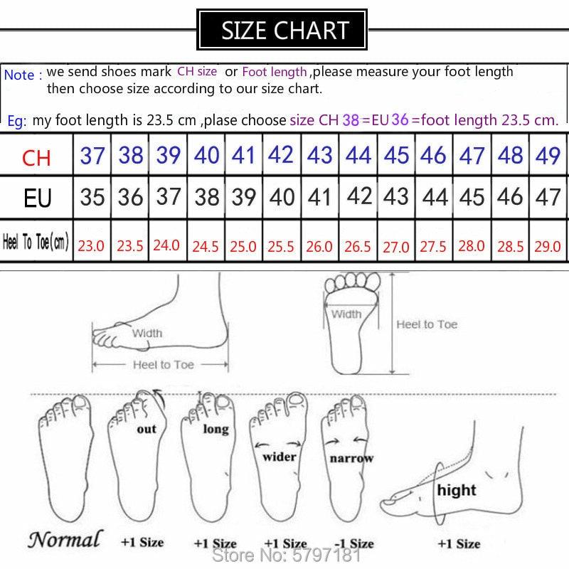 Men's Stevvex sandals size chart with CH/EU sizing and foot diagram, measurements shown on Tampa Home & Garden Store