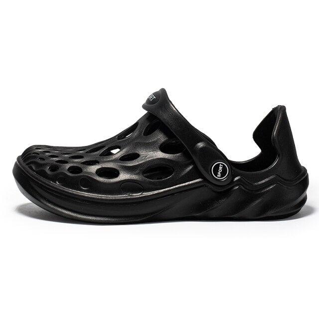 Stevvex men's black rubber sandals with perforated upper and adjustable strap for arch support on Tampa Home & Garden Store