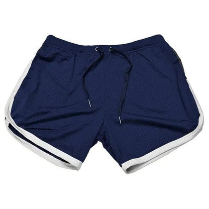 Stevvex navy blue men's sport shorts with white piping, elastic drawstring waistband on Tampa Home & Garden Store