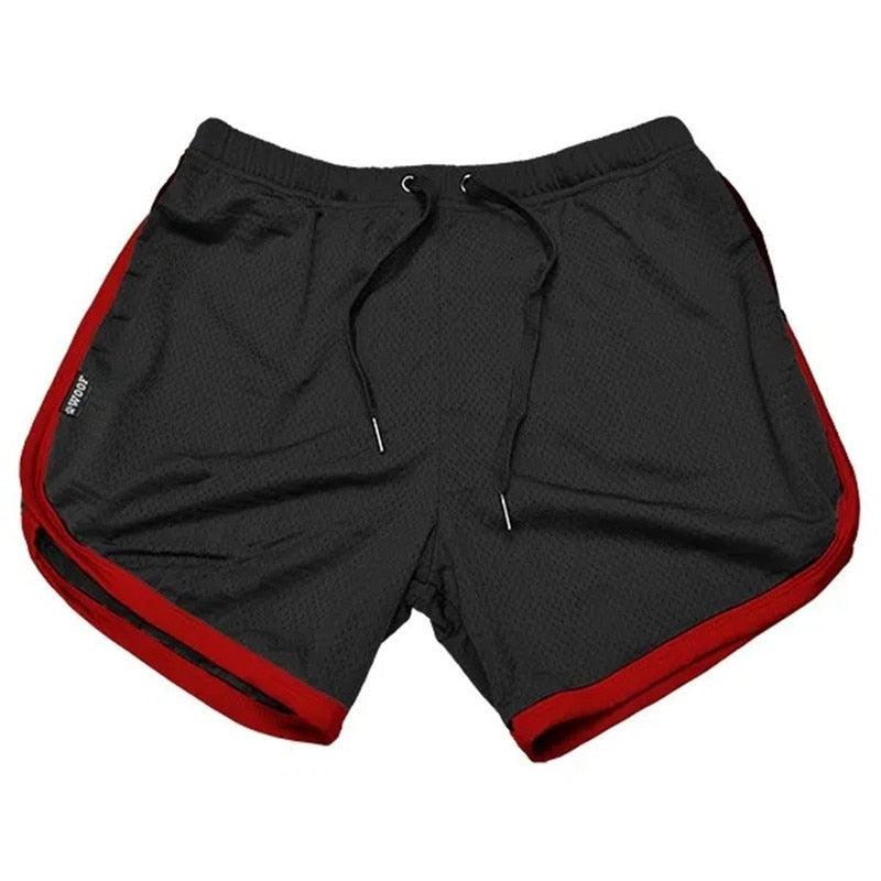 Stevvex men's sports gym shorts black cotton-blend, red piping, elastic waistband drawstring on Tampa Home & Garden Store