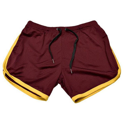 Stevvex men's sports shorts maroon with yellow side piping and black drawstring on Tampa Home & Garden Store