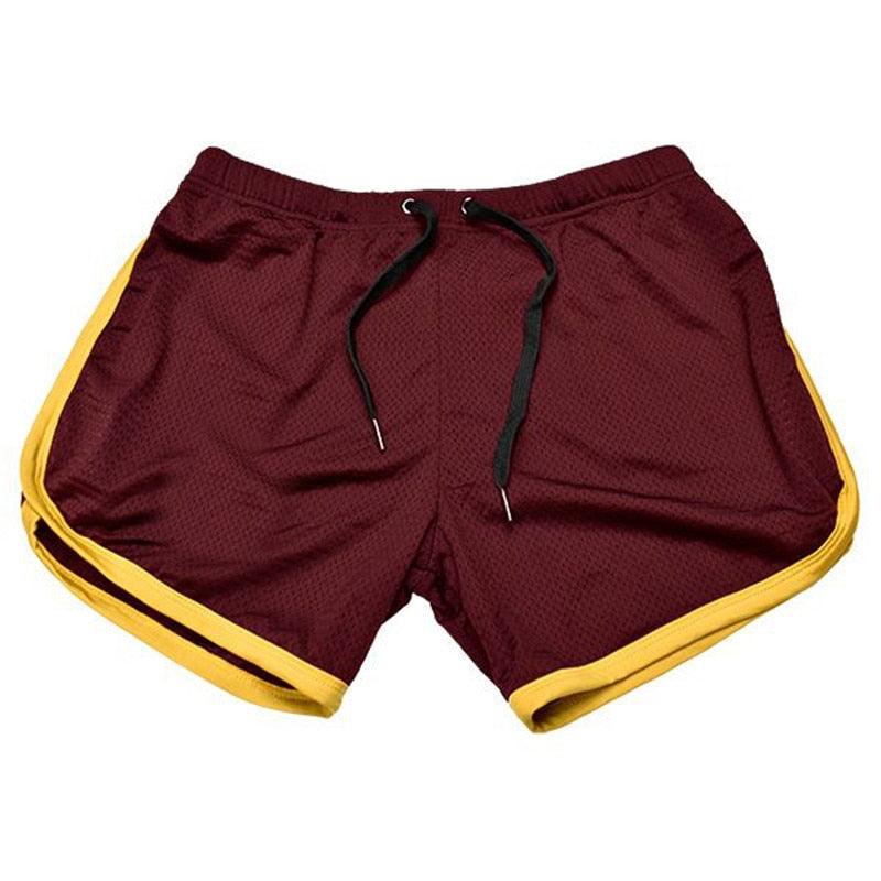 Stevvex men's sports gym shorts burgundy with yellow side piping and black drawstring on Tampa Home & Garden Store