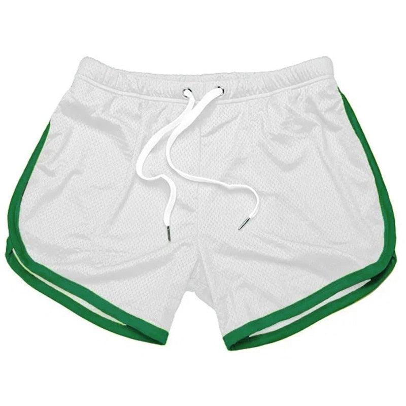 Men's Stevvex white sports gym shorts with green side piping and drawstring on Tampa Home & Garden Store