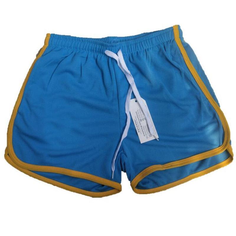 Stevvex men's athletic shorts blue with yellow piping, elastic waistband, drawstring on Tampa Home & Garden Store