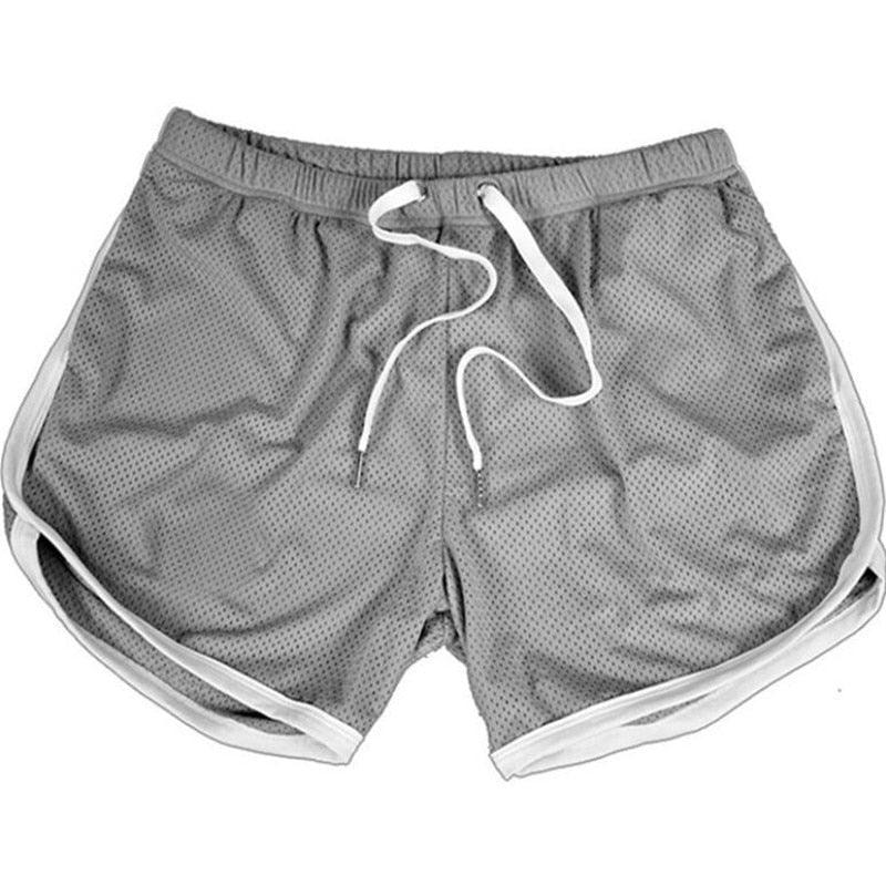 Men's Stevvex mesh gym shorts gray with white piping elastic drawstring waistband midlength on Tampa Home & Garden Store
