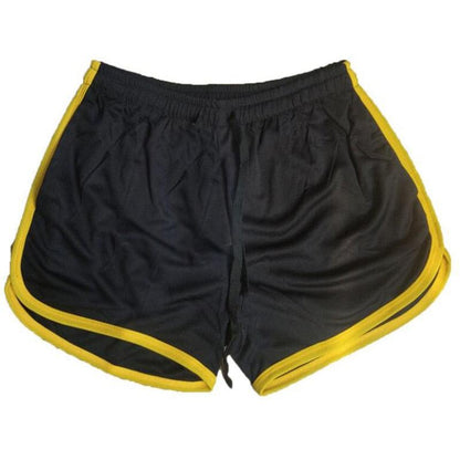 Stevvex men's black athletic shorts with yellow piping and elastic waistband on Tampa Home & Garden Store