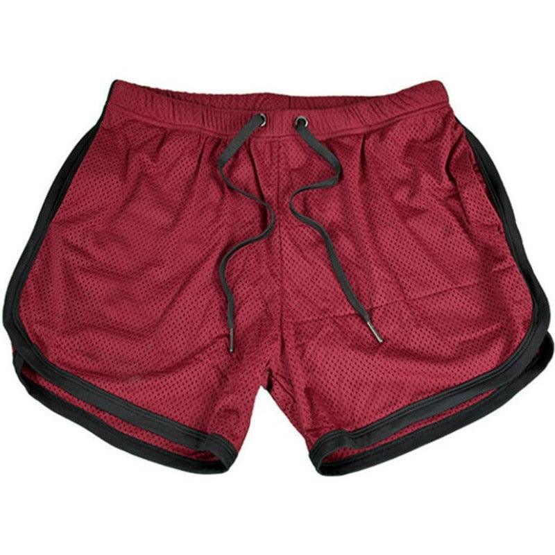 Stevvex men's red mesh gym shorts with black trim and drawstring waistband on Tampa Home & Garden Store