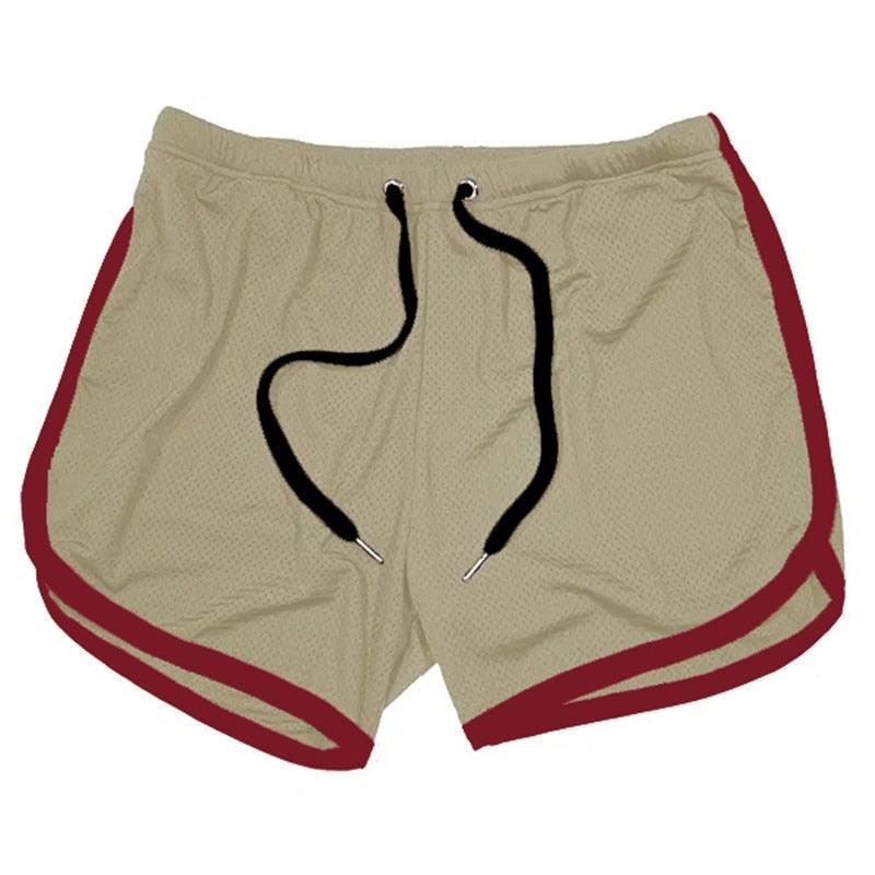 Men's Stevvex beige athletic shorts with black drawstrings and maroon trim on Tampa Home & Garden Store