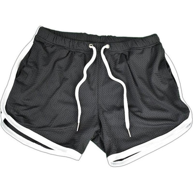 Stevvex men's athletic gym shorts black mesh fabric with white piping elastic drawstring on Tampa Home & Garden Store