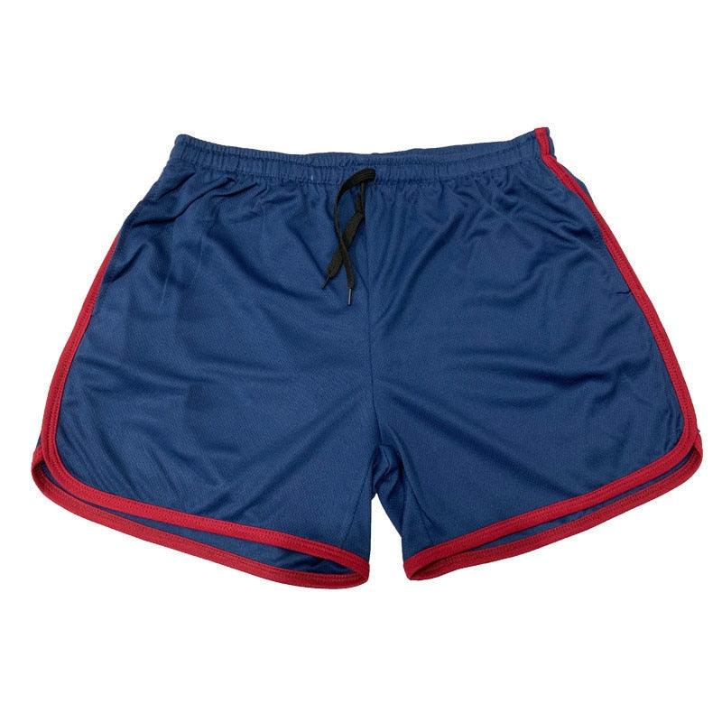 Men's Stevvex athletic shorts blue cotton blend with red piping, elastic drawstring waistband on Tampa Home & Garden Store