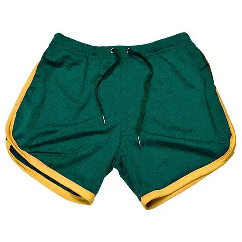Stevvex men's green cotton-blend gym shorts with yellow piping and elastic waistband on Tampa Home & Garden Store