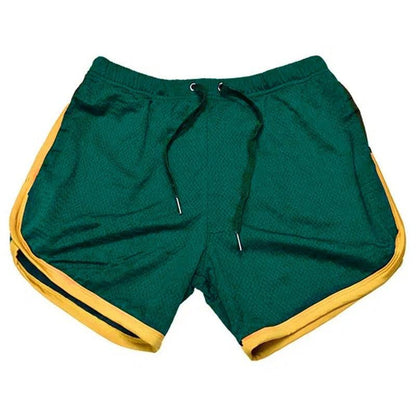 Stevvex men's green cotton-blend gym shorts with yellow piping and elastic waistband on Tampa Home & Garden Store