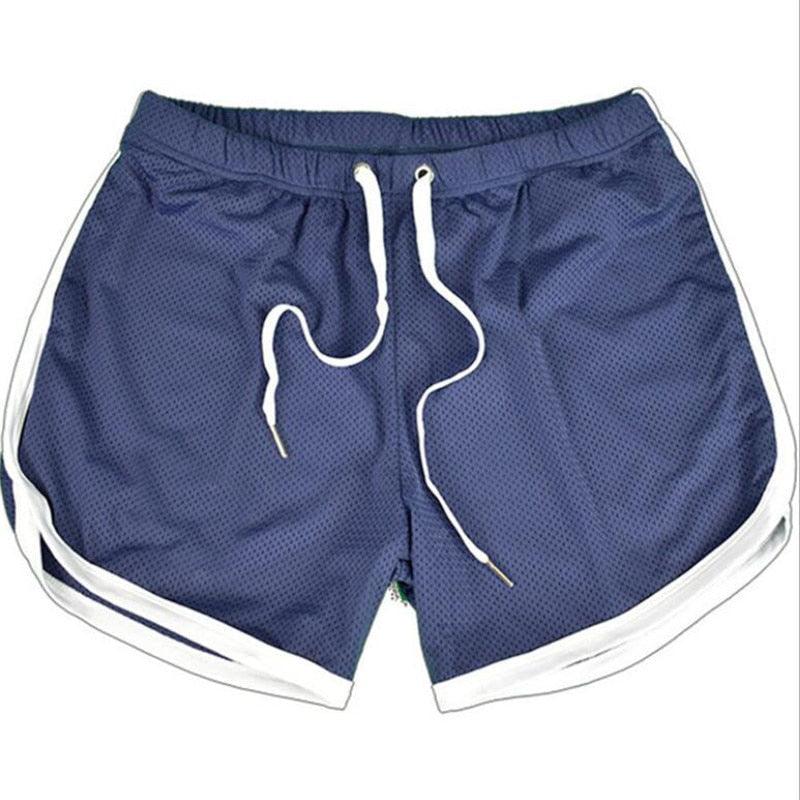 Men's Stevvex navy mesh athletic shorts with white piping and drawstring waistband on Tampa Home & Garden Store