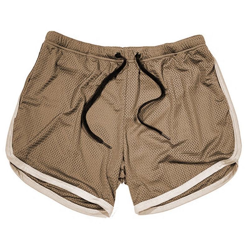 Men's khaki mesh athletic shorts with elastic waistband, black drawstrings, and white trim on Tampa Home & Garden Store