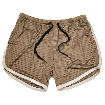 Men's khaki mesh athletic shorts with elastic waistband, black drawstrings, and white trim on Tampa Home & Garden Store
