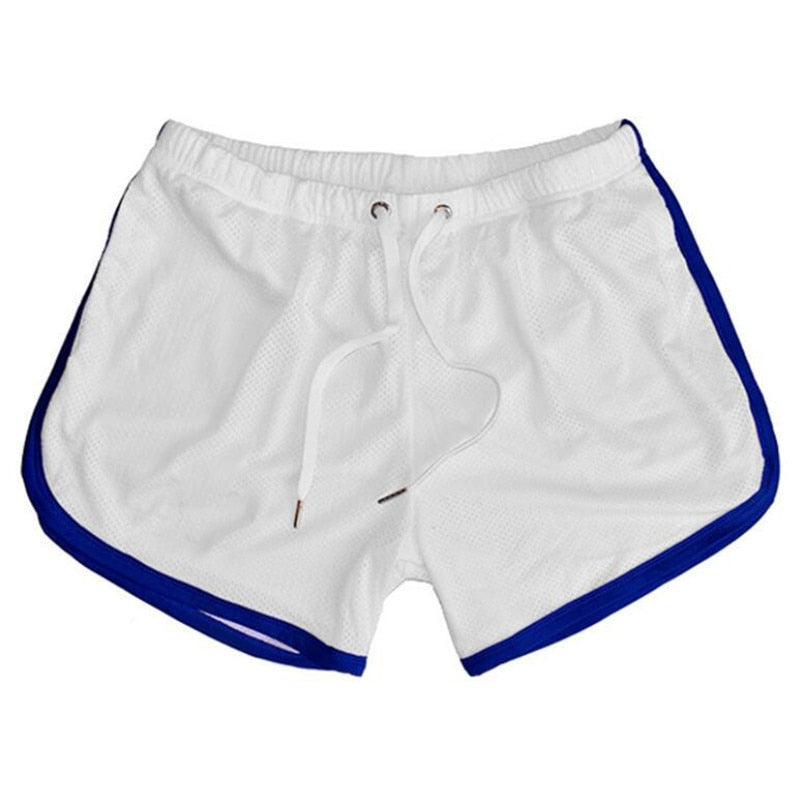 Stevvex men's athletic shorts white cotton-blend with blue side trim and drawstring on Tampa Home & Garden Store