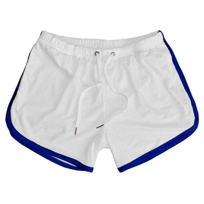 Stevvex men's athletic shorts white cotton-blend with blue side trim and drawstring on Tampa Home & Garden Store