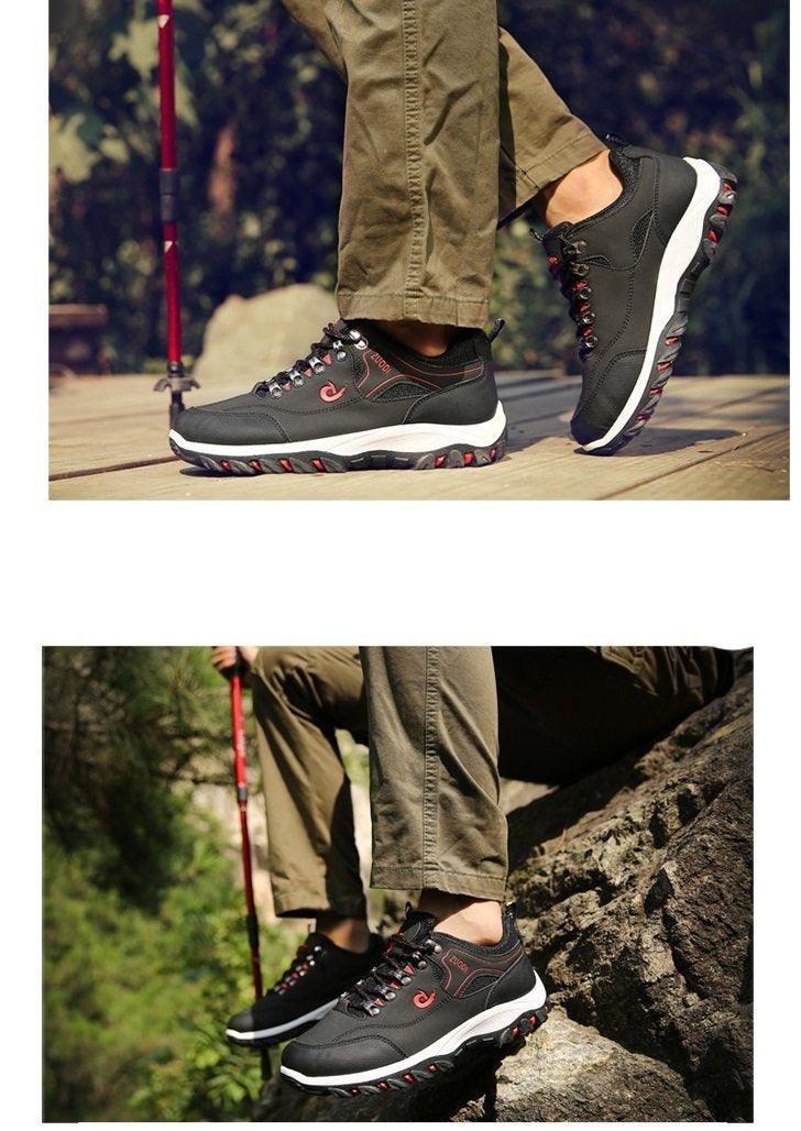 Stevvex men's hiking shoes black leather-look upper with red accents, lace-up pair, outsole on Tampa Home & Garden Store