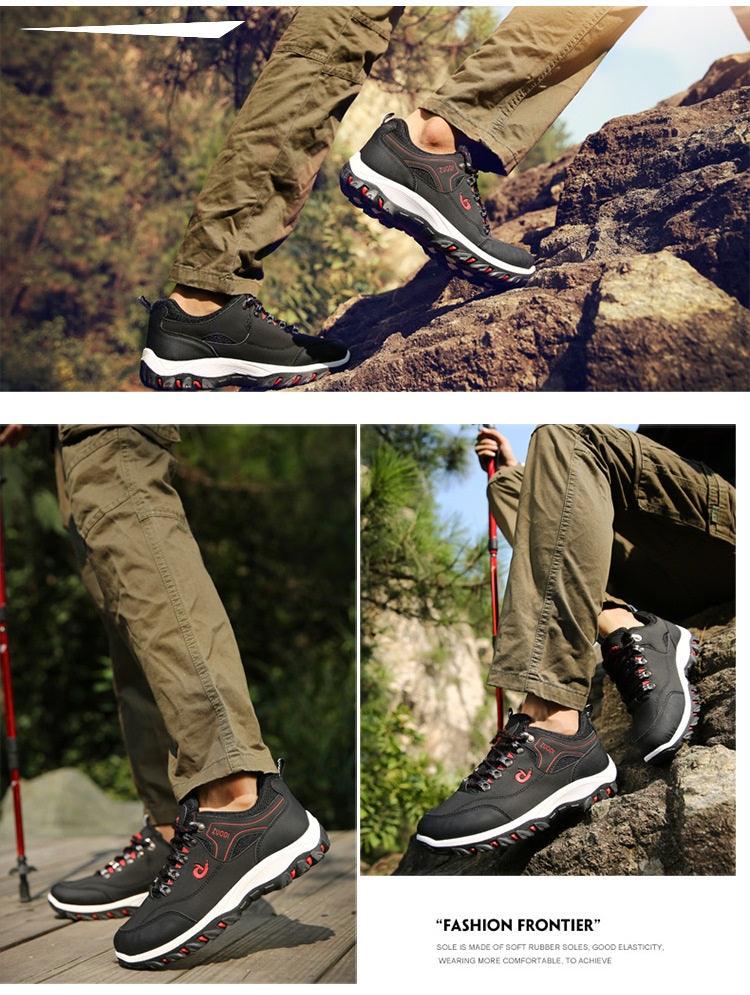 Men's Stevvex hiking shoes black/gray leather, breathable, non-slip outsole; 3 views on Tampa Home & Garden Store