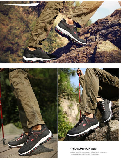 Men's Stevvex hiking shoes black/gray leather, breathable, non-slip outsole; 3 views on Tampa Home & Garden Store
