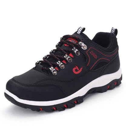 Stevvex men's hiking shoe low-top breathable black with red accents and metal eyelets on Tampa Home & Garden Store