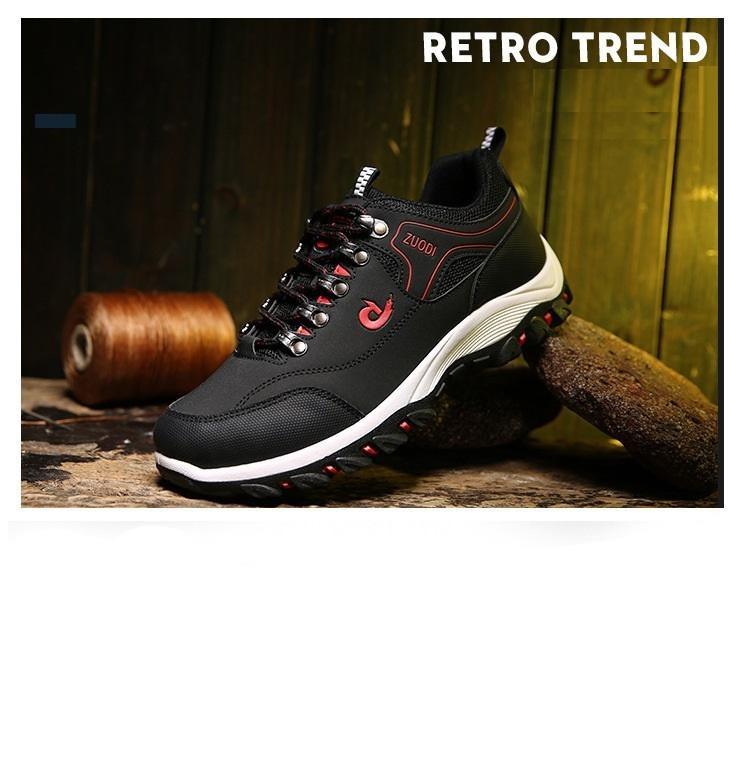 Stevvex men's hiking shoes, black low-top breathable leather with rugged non-slip outsole on Tampa Home & Garden Store