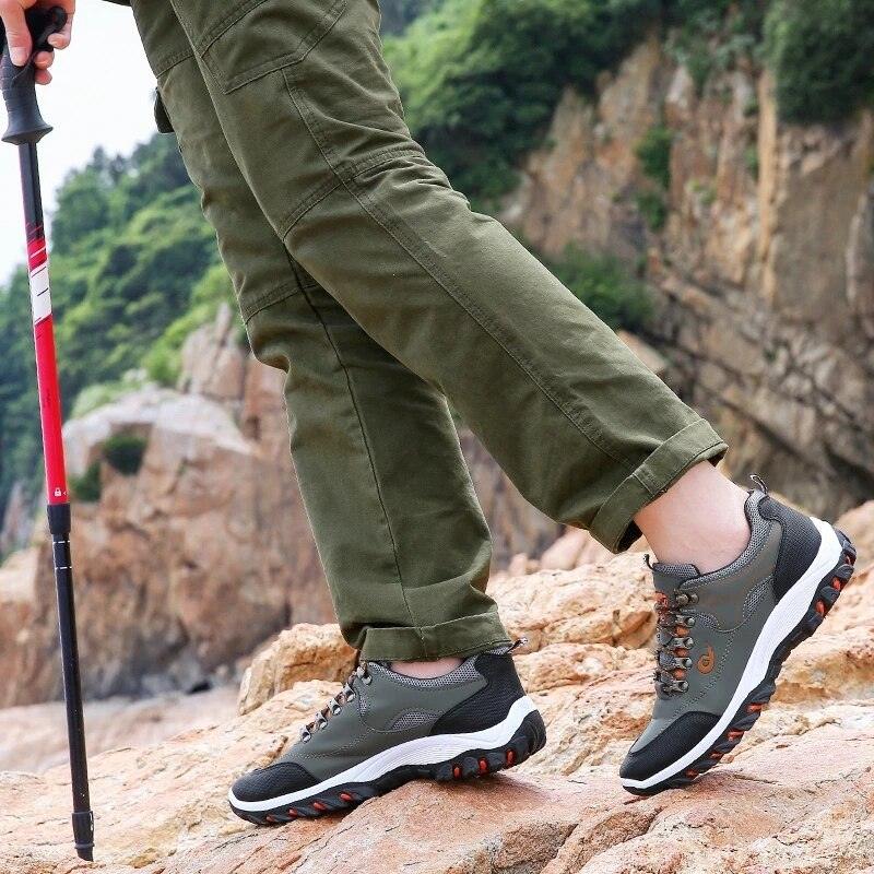Stevvex men's hiking shoes olive-gray with breathable mesh and orange-outsole on Tampa Home & Garden Store