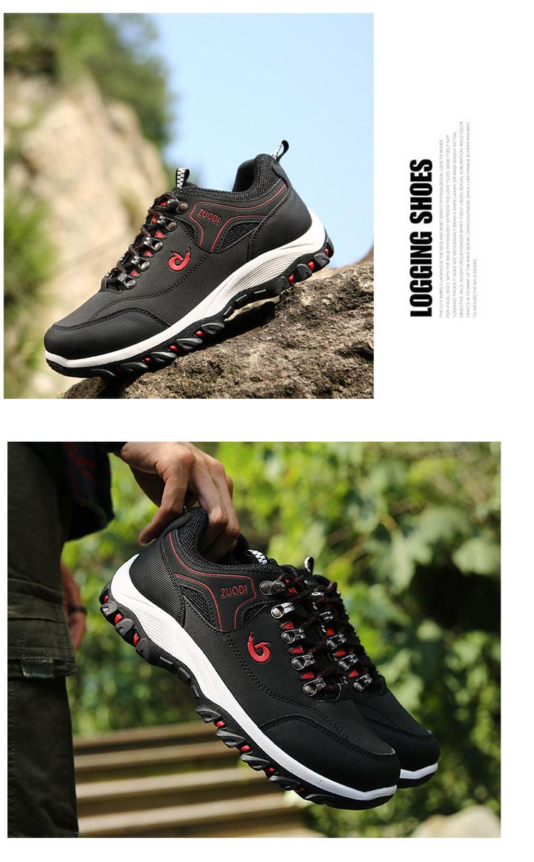 Stevvex men's black hiking shoe low-top with red trim and rugged outsole on Tampa Home & Garden Store
Stevvex men's black hiking shoe in hand, side view with white midsole and red accents on Tampa Home & Garden Store