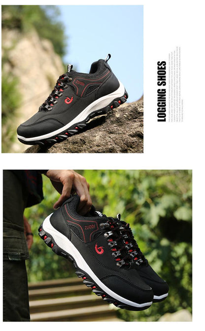 Stevvex men's black hiking shoe low-top with red trim and rugged outsole on Tampa Home & Garden Store
Stevvex men's black hiking shoe in hand, side view with white midsole and red accents on Tampa Home & Garden Store
