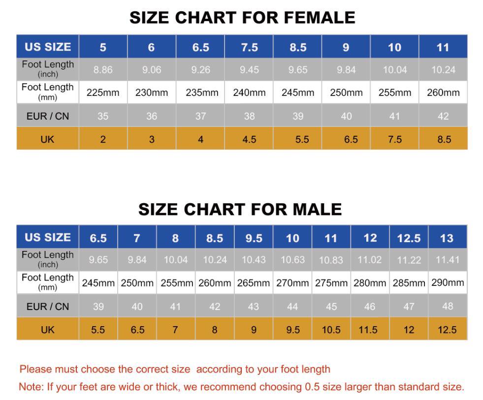 Garden footwear size chart for male and female with US/UK/EU sizes and foot lengths on Tampa Home & Garden Store
